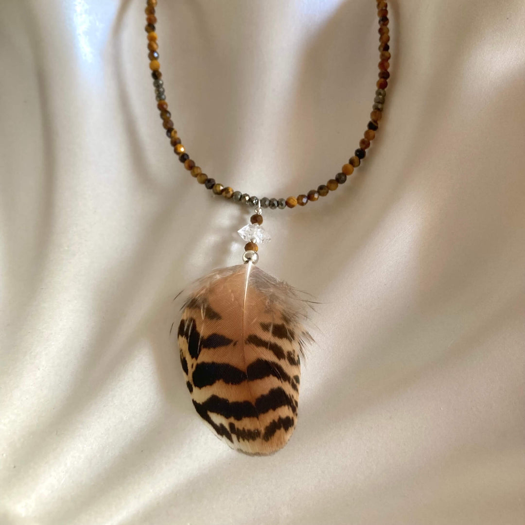 Tiger Eye, Pyrite & Herkimer Diamond Feathered Necklace