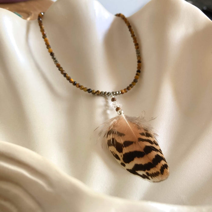Tiger Eye, Pyrite & Herkimer Diamond Feathered Necklace