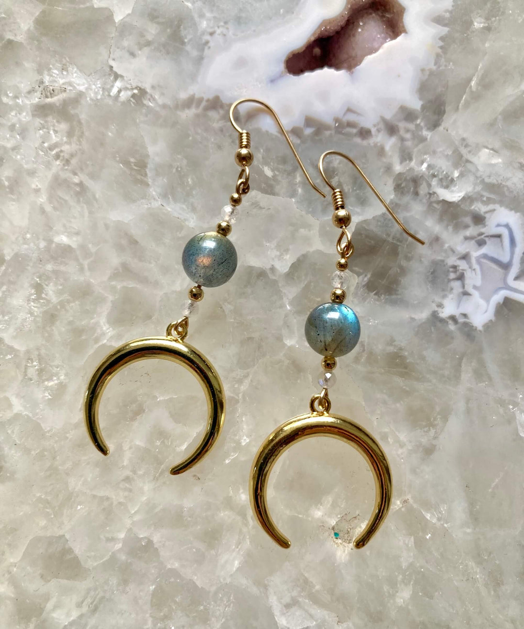 La Luna Love Golden Moonstone & Labradorite Crescent Moon Pendant Earrings