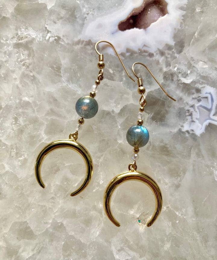 La Luna Love Golden Moonstone & Labradorite Crescent Moon Pendant Earrings