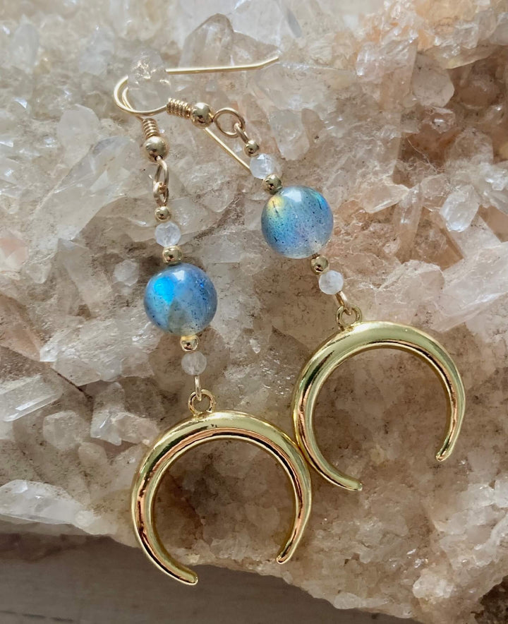 La Luna Love Golden Moonstone & Labradorite Crescent Moon Pendant Earrings