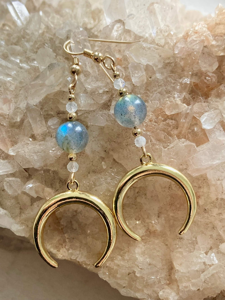 La Luna Love Golden Moonstone & Labradorite Crescent Moon Pendant Earrings