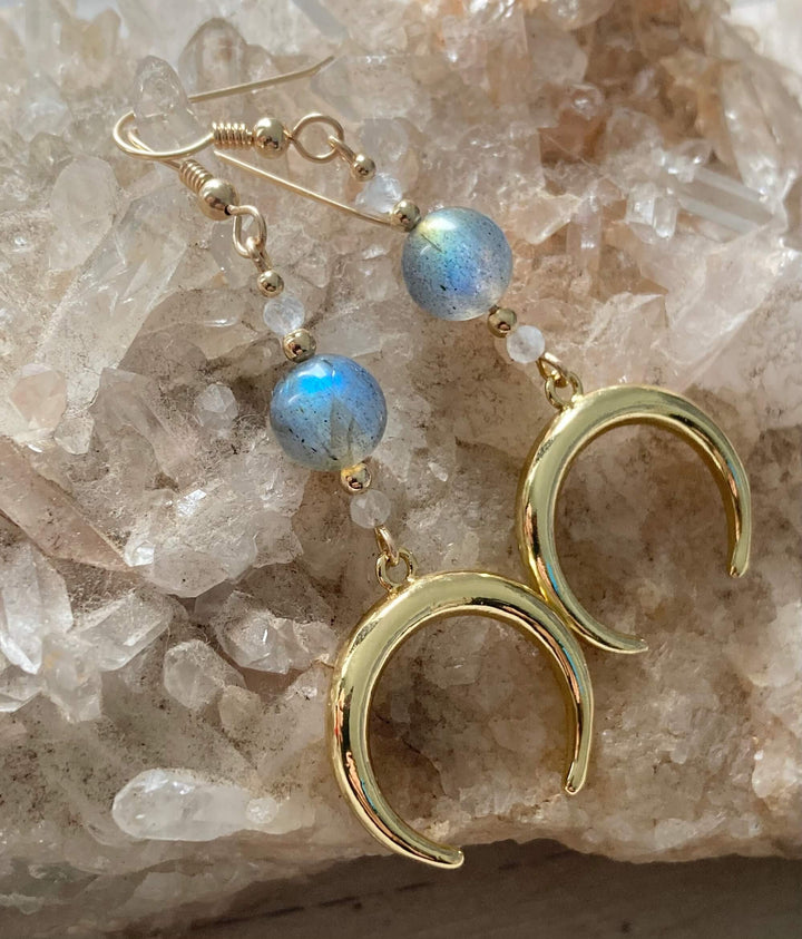 La Luna Love Golden Moonstone & Labradorite Crescent Moon Pendant Earrings