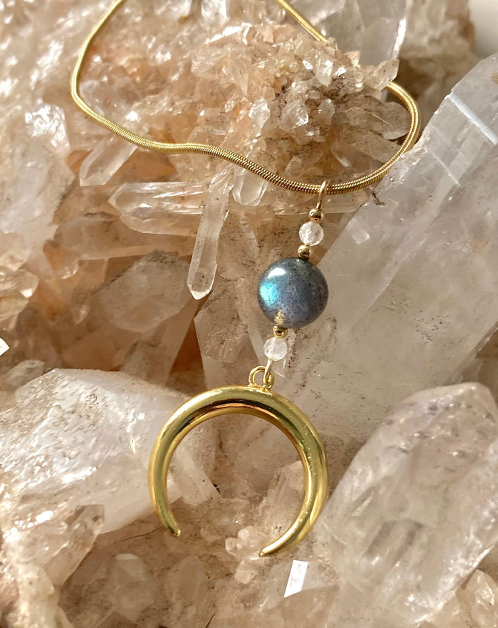 La Luna Love Golden Moonstone & Labradorite Crescent Moon Pendant Necklace