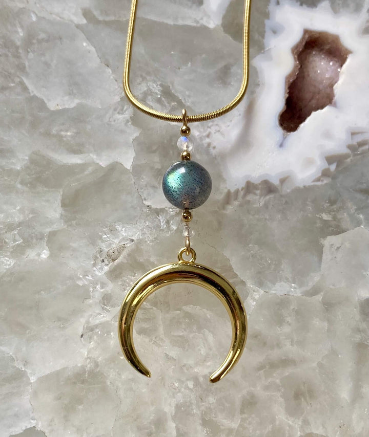 La Luna Love Golden Moonstone & Labradorite Crescent Moon Pendant Necklace