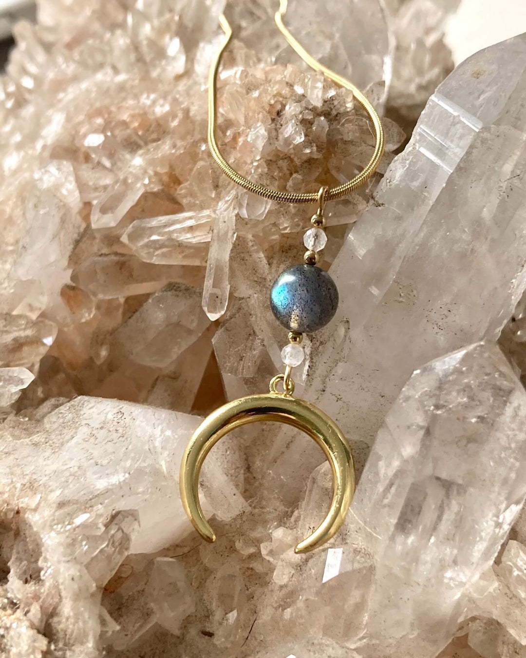 La Luna Love Golden Moonstone & Labradorite Crescent Moon Pendant Necklace