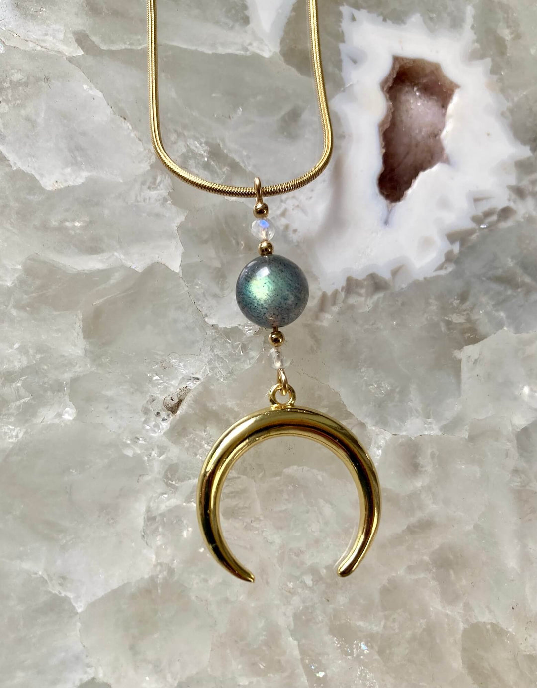 La Luna Love Golden Moonstone & Labradorite Crescent Moon Pendant Necklace