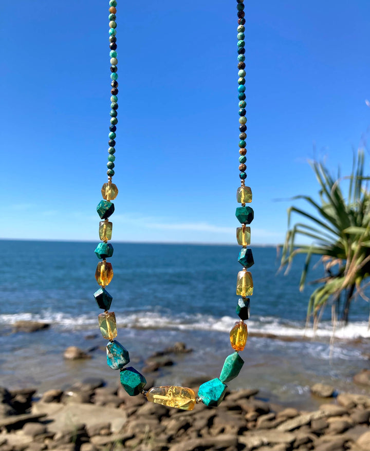 Amber Chrysocolloa and Gold Nugget necklace for empowerment