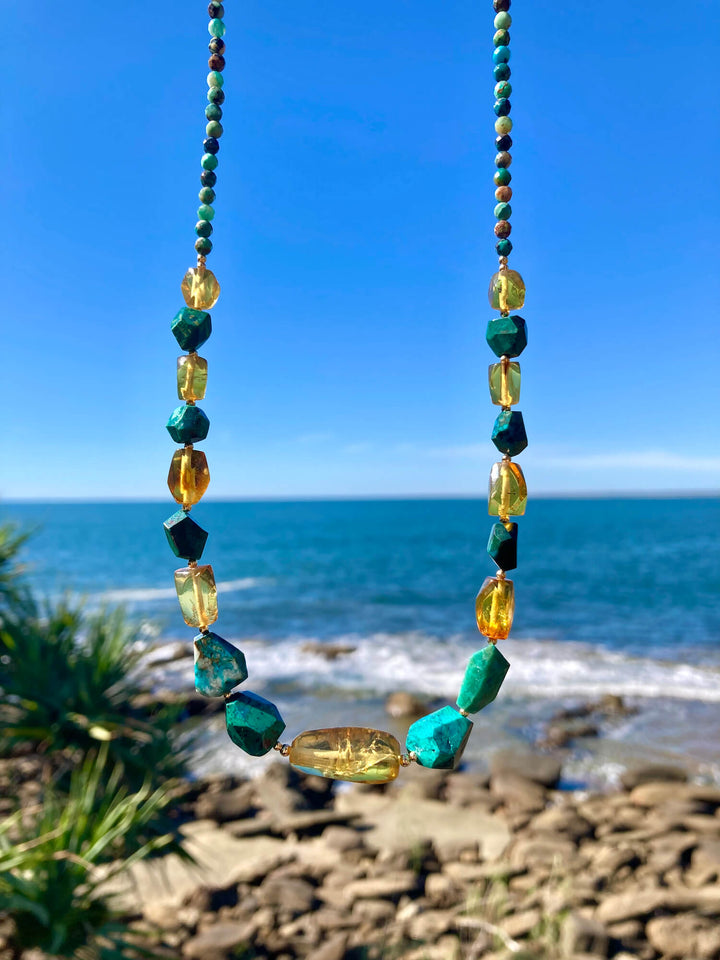 Amber & Chrysocolla Gold Necklace