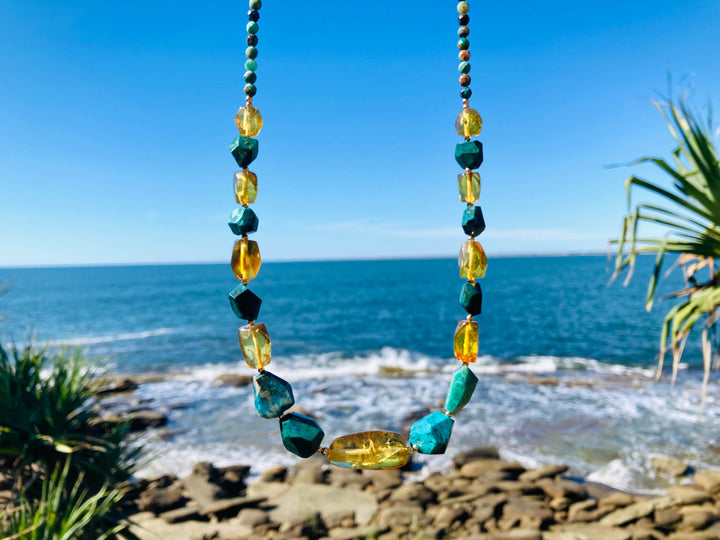 Amber Chrysocolloa and Gold Nugget necklace for support