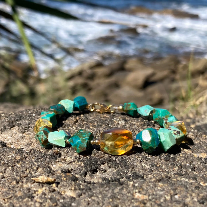 Amber & Chrysocolla Gold Unisex Bracelet
