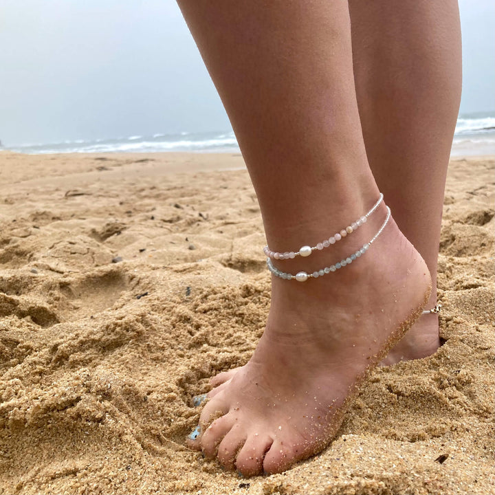 Pink Opal, Rose Quartz & Pearl Anklet
