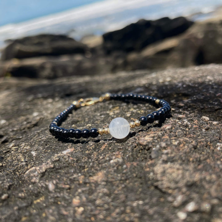 Black Tourmaline, moonstone & gold bracelet for ladies