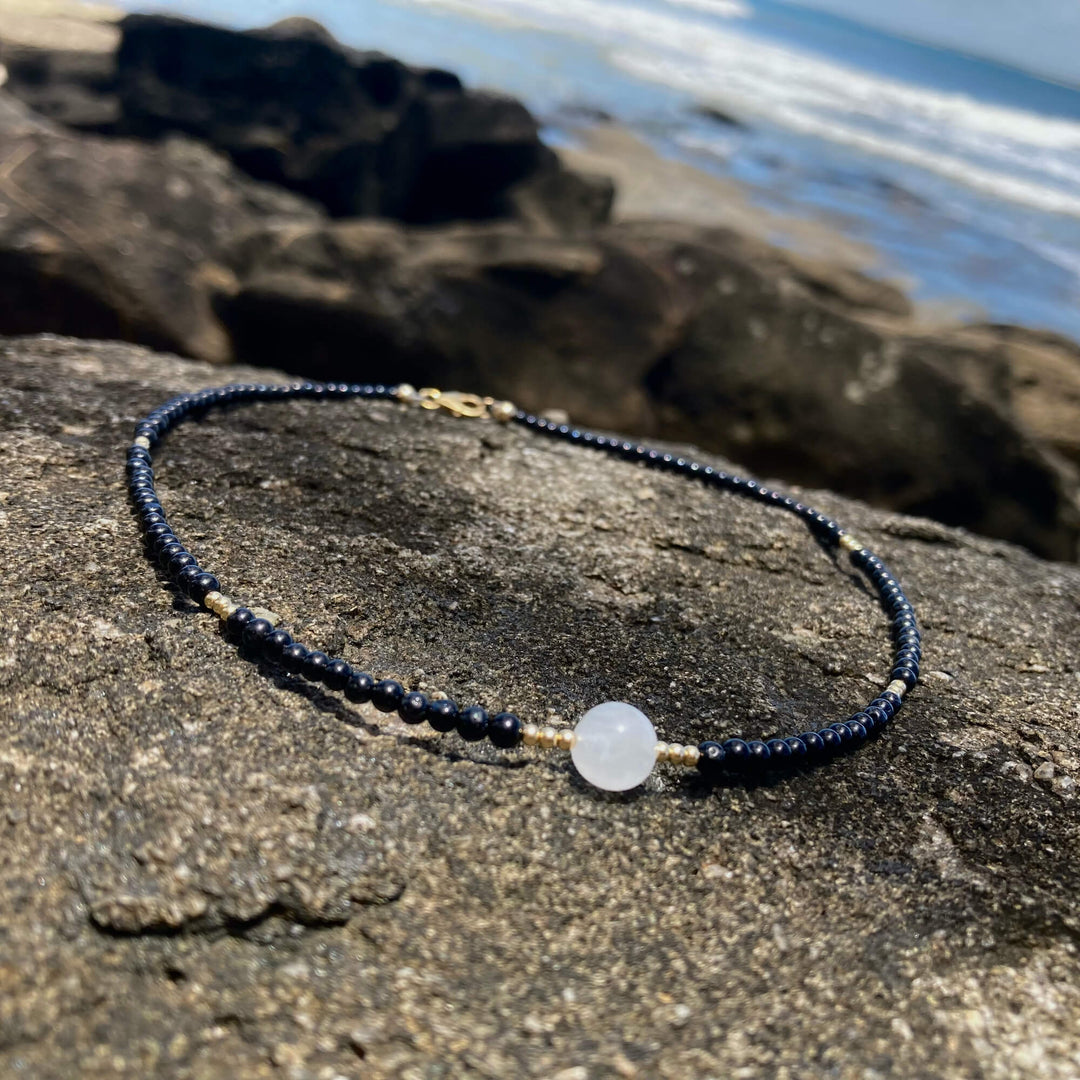 Black Tourmaline, moonstone & gold necklace for healing
