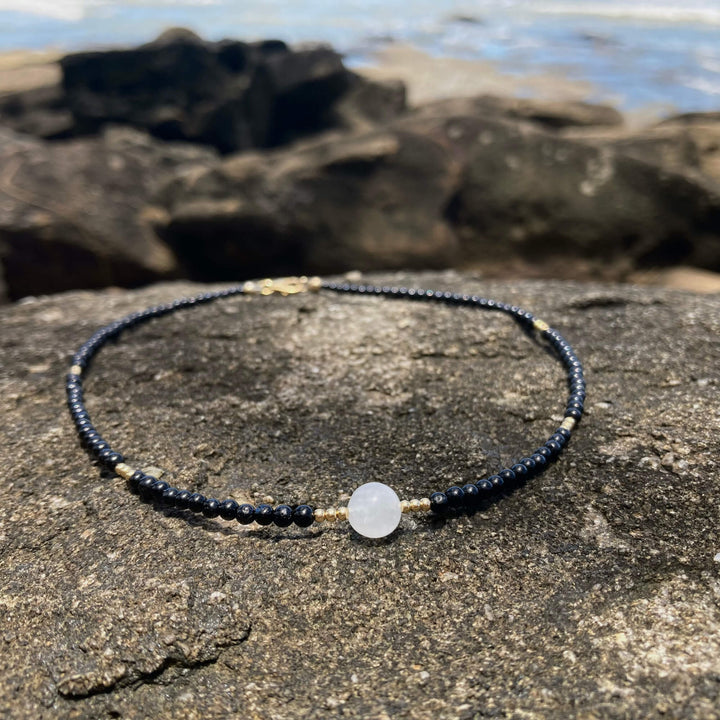 Black Tourmaline, moonstone & gold necklace for ladies