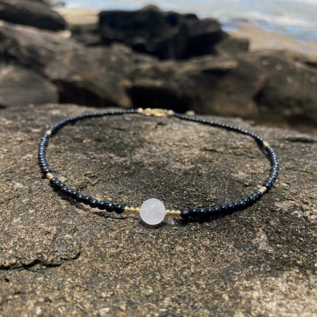 Black Tourmaline, moonstone & gold necklace for women