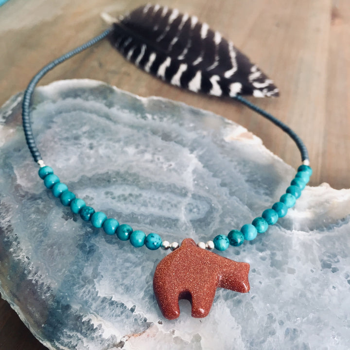 The Bear Goldstone & Blue Magnesite Kids Necklace