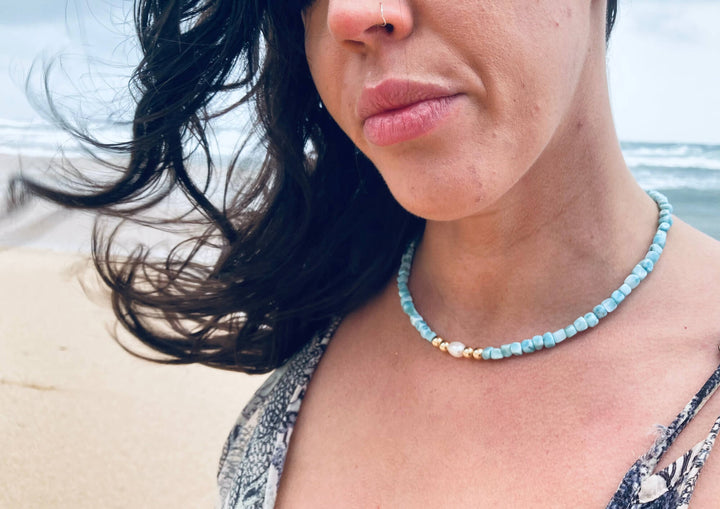 Atlantis Larimar & Pearl Gold Necklace for support