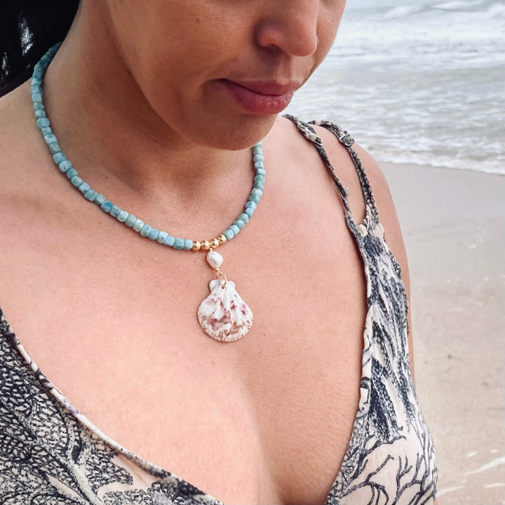 Atlantis Larimar Pearl & Shell Gold crystal Necklace