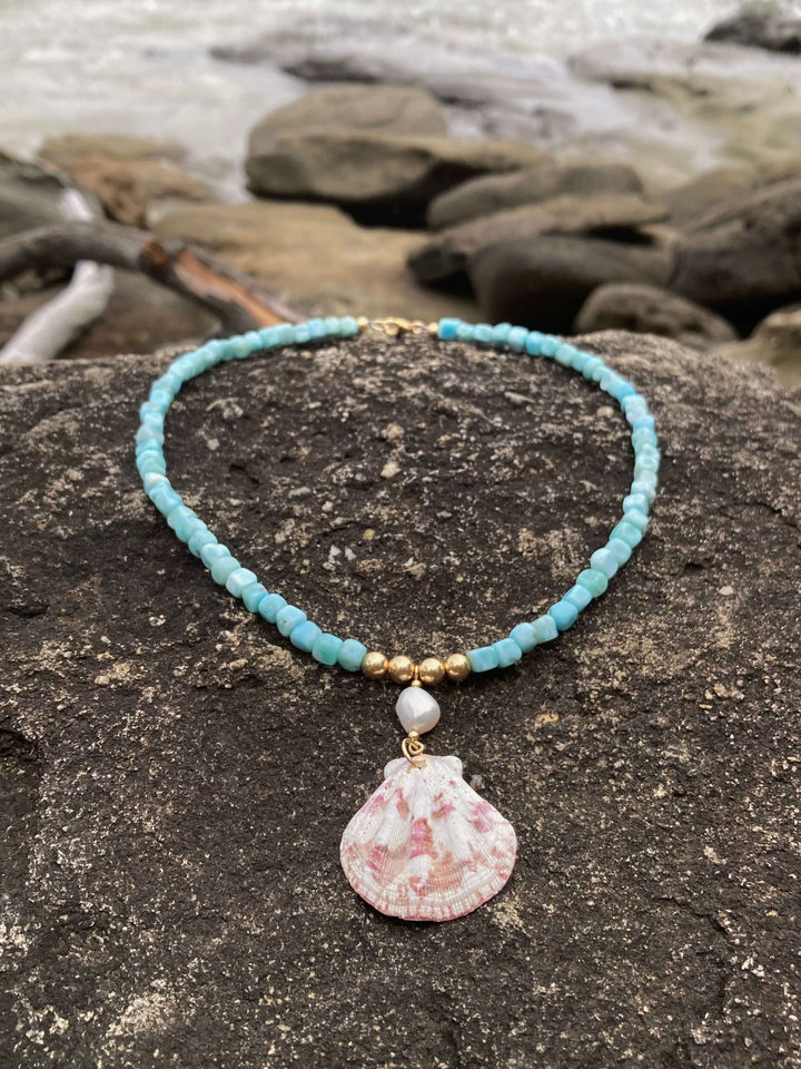 Atlantis Larimar Pearl & Shell Gold Necklace