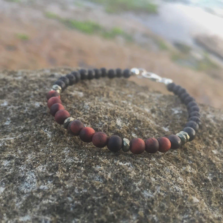 Red Tigers Eye, Pyrite & Lava Stone Bracelet 