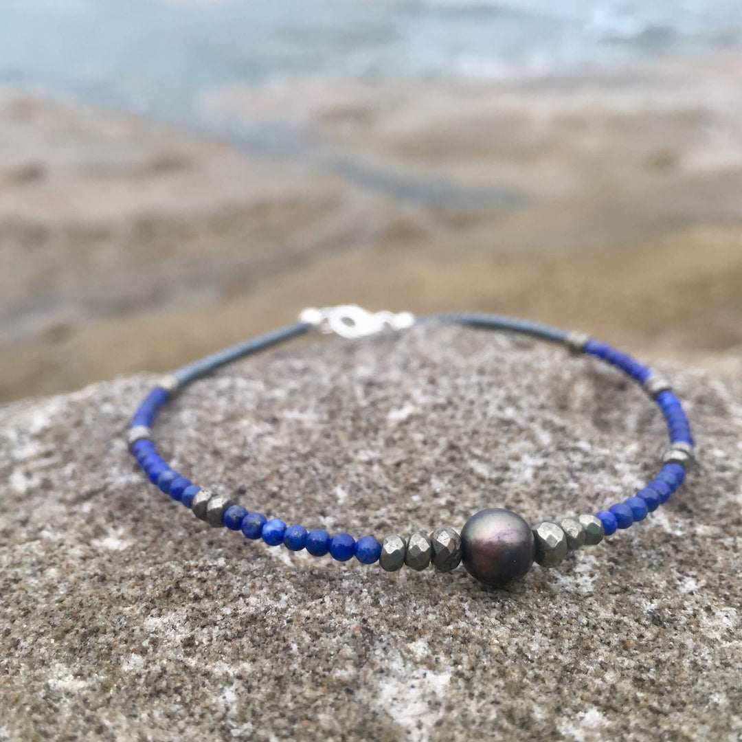 healing Lapis Lazuli, Pyrite & Black Pearl Anklet
